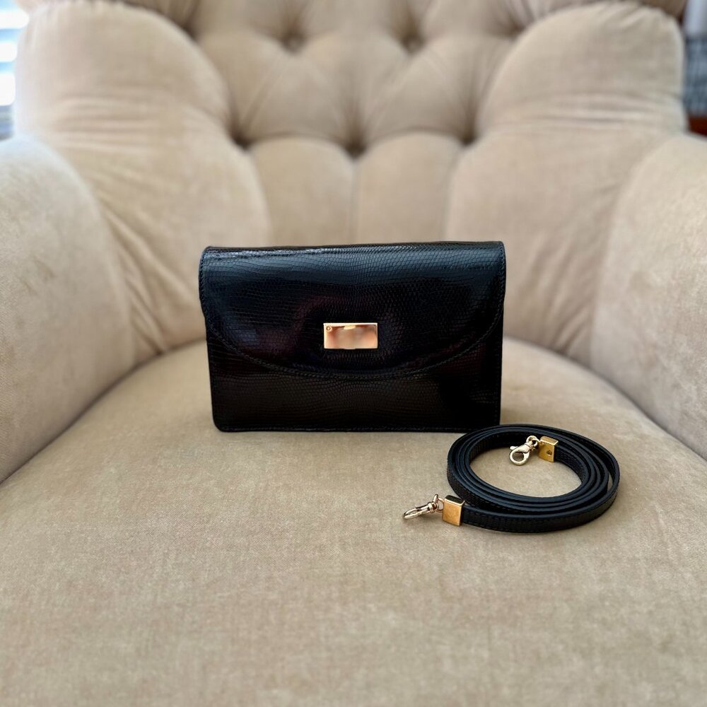 Auth. SUAREZ Italy Genuine Karung Lizard Black MINAUDIÈRE Bag